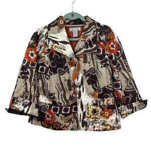 Birch Hill Womens Silk Blend Blazer Floral Brown Orange Lined 3/4 Sleeve Size S‎